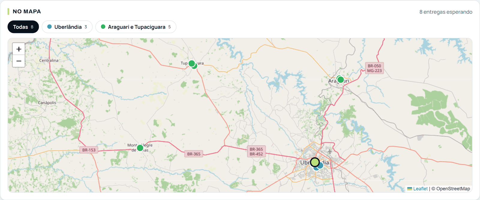 Mapa do Bitoola com as entregas do dia: o depósito em verde-limão e cada entrega como um pino na cor da sua rota